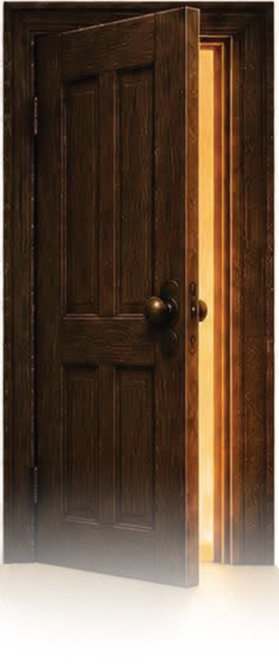 The canonical Operating Environments door — dark wood, slightly open, with warm amber light escaping through the gap and softly onto the floor.