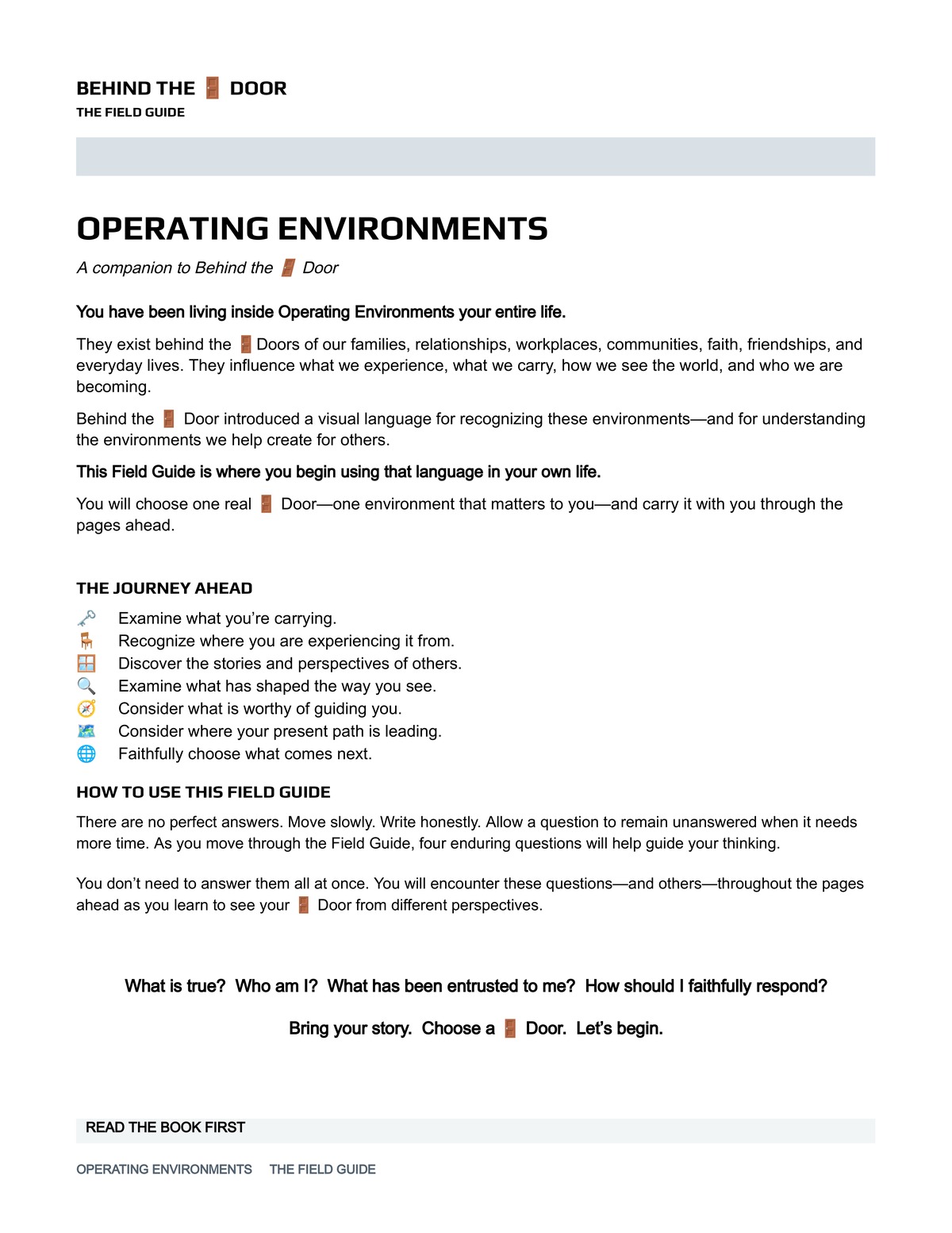 The Behind the Door Field Guide — its real cover page, reading Behind the Door, The Field Guide, Operating Environments.